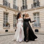 Satin A Line Bridal Gown with Side Slit, O Neck Lace Wedding Dress, Long Sleeve Floor Length Wedding Dress for Modern Bride