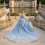 Light Blue Quinceanera Prom Dress Ball Gown Off Shoulder Puff Sleeve Butterfly Embroidery Rhinestone Party Dress