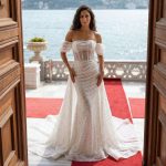 Off Shoulder Mermaid Wedding Dress Ivory Bridal Gown Beaded Pleated Bride Dress Chapel Train