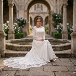 Long Sleeve Wedding Dress Lace Applique Bridal Gown Button Detail Elegant Bride Dress