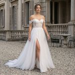 Off Shoulder Wedding Dress High Slit Bridal Gown Corset Lace Applique Luxury Bride Dress