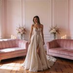 Sparkly Sequin Wedding Dress – Sleeveless Lace Up Bridal Gown with Slit, Customized Elegant Bride Dress