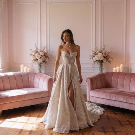 Etsy Sparkly Sequin Wedding Dress – Sleeveless Lace Up Bridal Gown with Slit, Customized Elegant Bride Dress